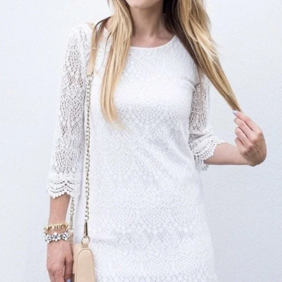 H&M | Dresses | Hm Lace Dress Womens Size 2 White Semi Sheer 34 Sleeve  Crochet Lined | Poshmark